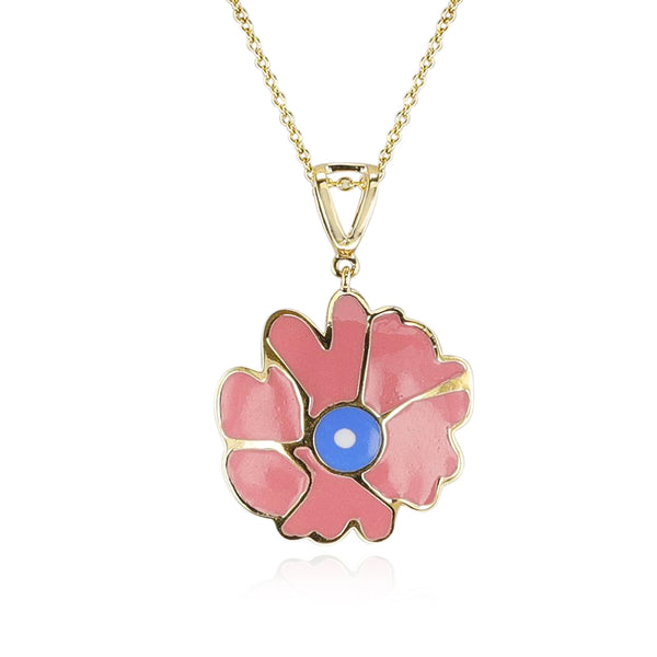 Pink and Blue Floral Enamel and Gold Lining Kintsugi Pendant Necklace, 14k