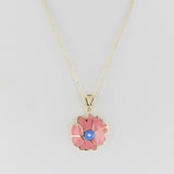 Pink and Blue Floral Enamel and Gold Lining Kintsugi Pendant Necklace, 14k
