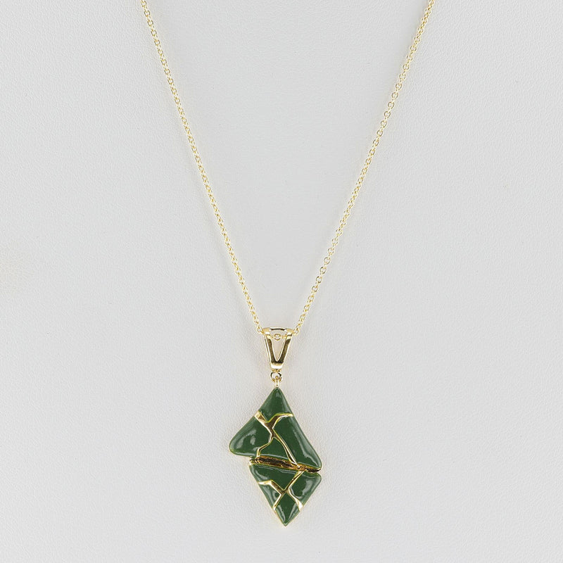 Two Triangle Green Enamel and Gold Lining Kintsugi Pendant Necklace, 14K
