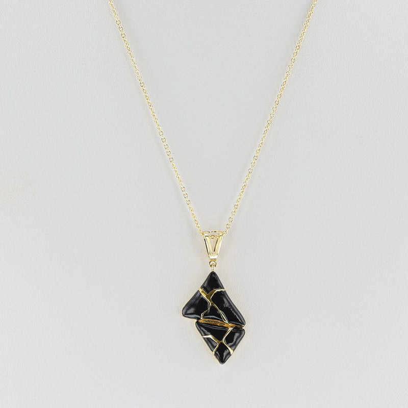 Two Triangle Black Enamel and Gold Lining Kintsugi Pendant Necklace, 14K