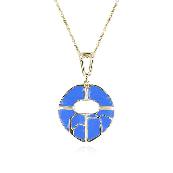 Blue Enamel and Gold Lining Kintsugi Pendant Necklace, 14k