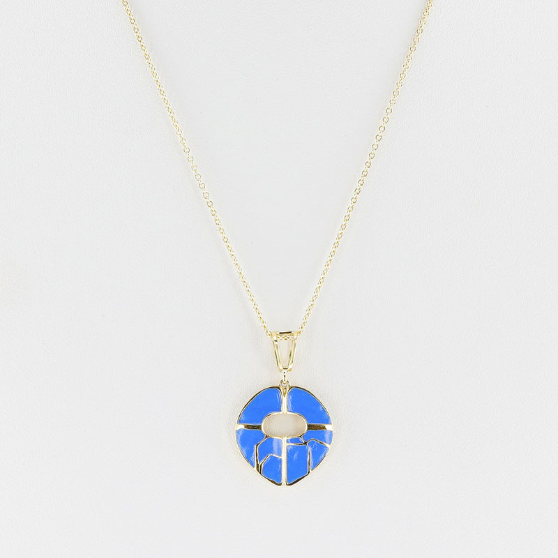 Blue Enamel and Gold Lining Kintsugi Pendant Necklace, 14k