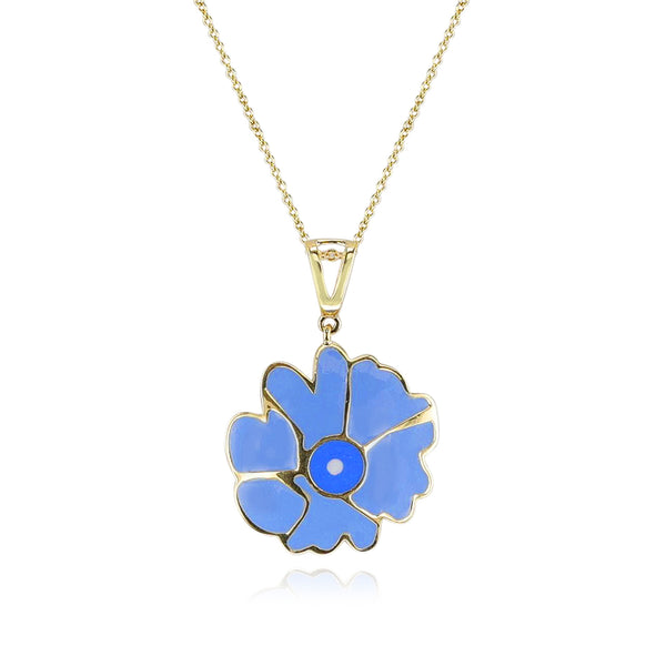 Blue Floral and Gold Lining Kintsugi Pendant Necklace, 14K