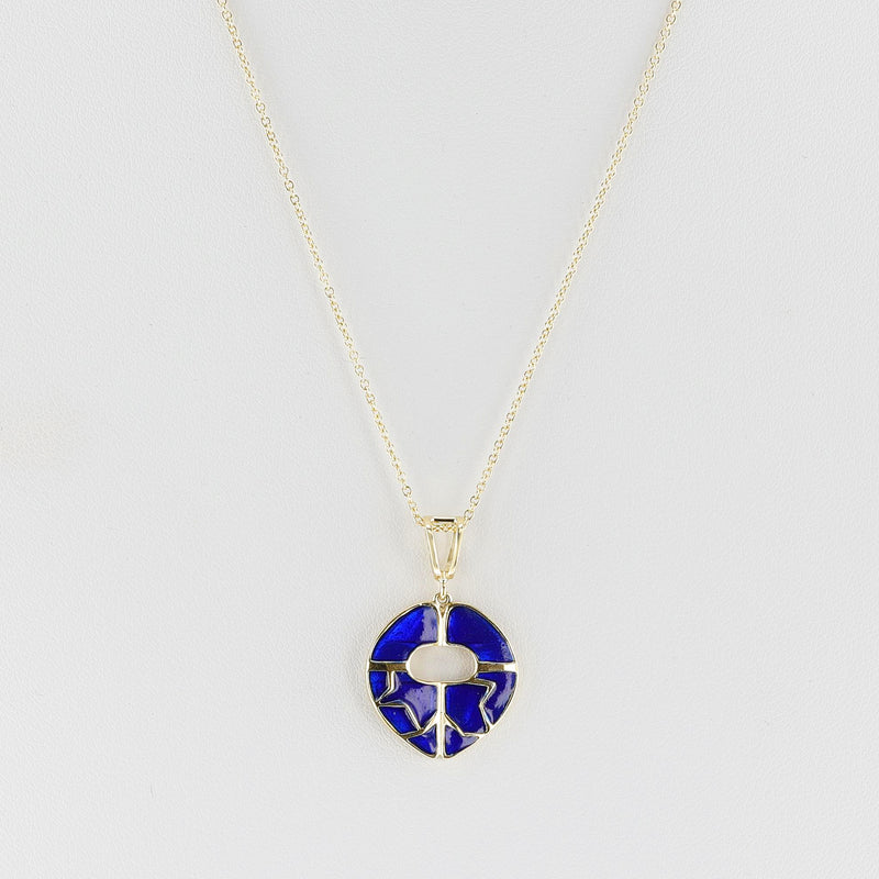 Dark Blue Enamel and Gold Lining Kintsugi Pendant Necklace, 14k