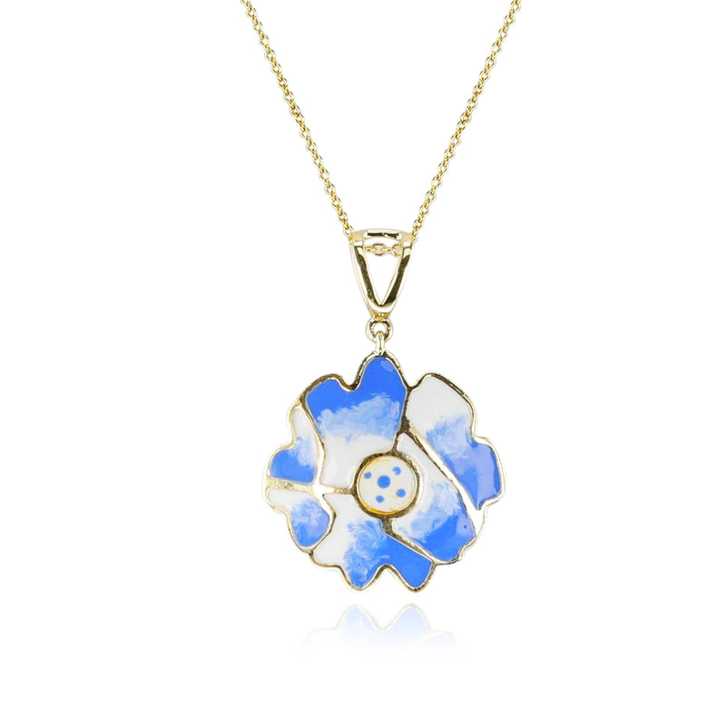 White and Blue Floral and Gold Lining Kintsugi Pendant Necklace, 14K