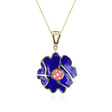 Dark Blue and Pink Floral and Gold Lining Kintsugi Pendant Necklace, 14k