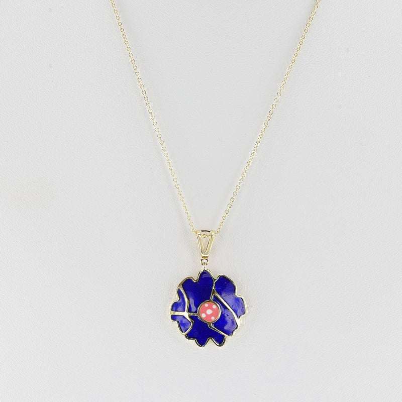 Dark Blue and Pink Floral and Gold Lining Kintsugi Pendant Necklace, 14k