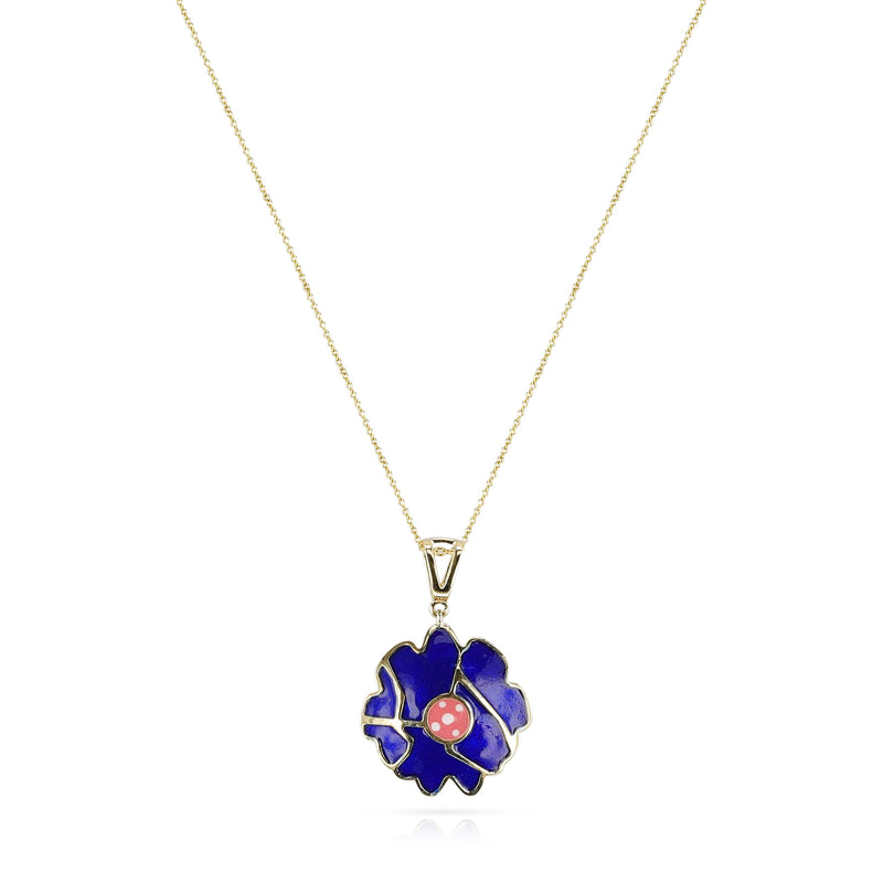 Dark Blue and Pink Floral and Gold Lining Kintsugi Pendant Necklace, 14k