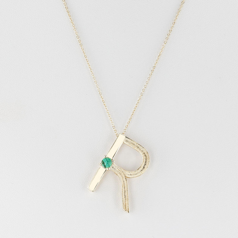 Bold and Textured Gold "R" Alphabet with Malachite Cabochon Pendant Necklace, 14k