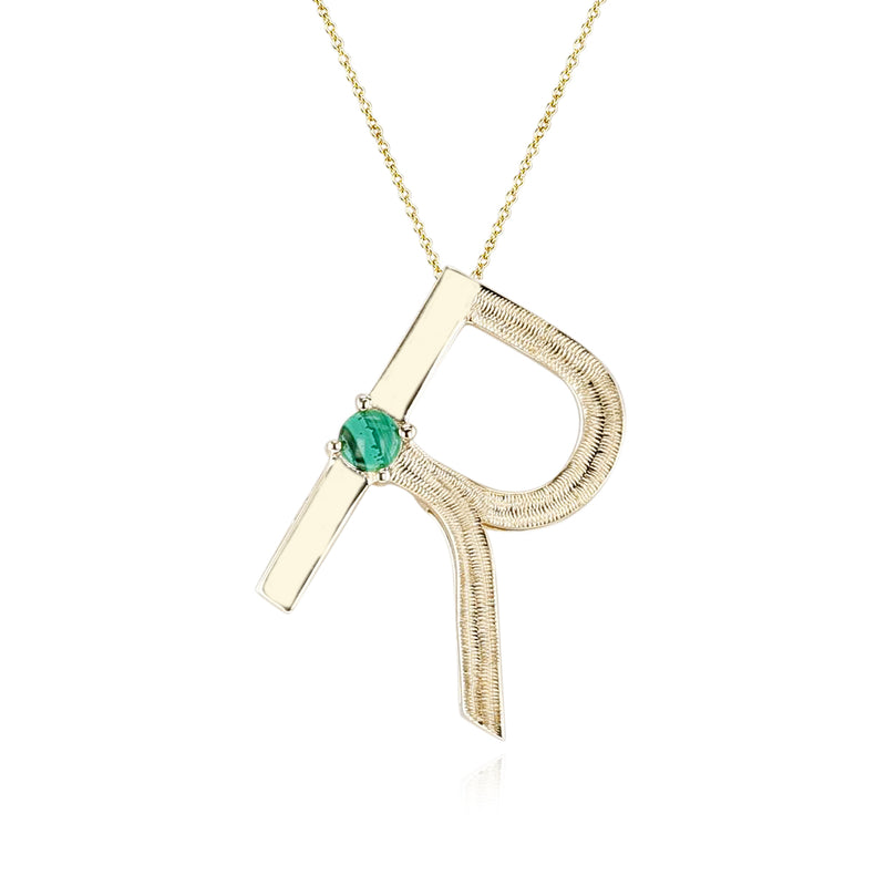 Bold and Textured Gold "R" Alphabet with Malachite Cabochon Pendant Necklace, 14k