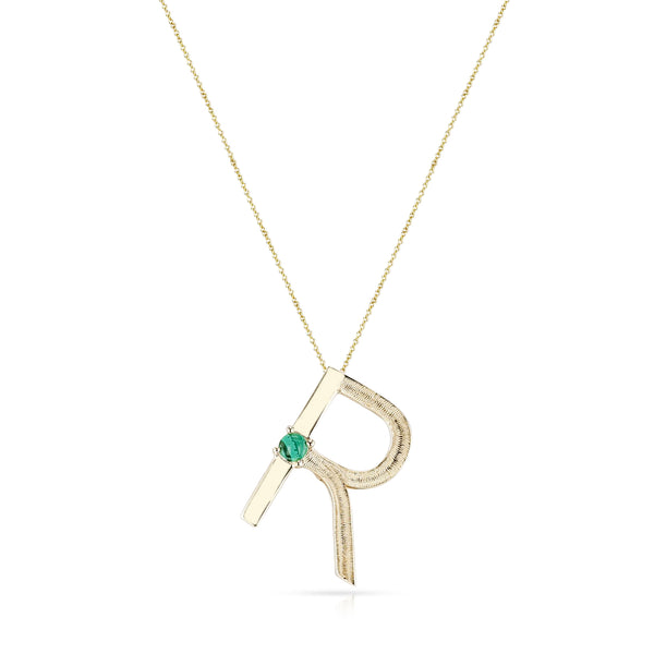 Bold and Textured Gold "R" Alphabet with Malachite Cabochon Pendant Necklace, 14k