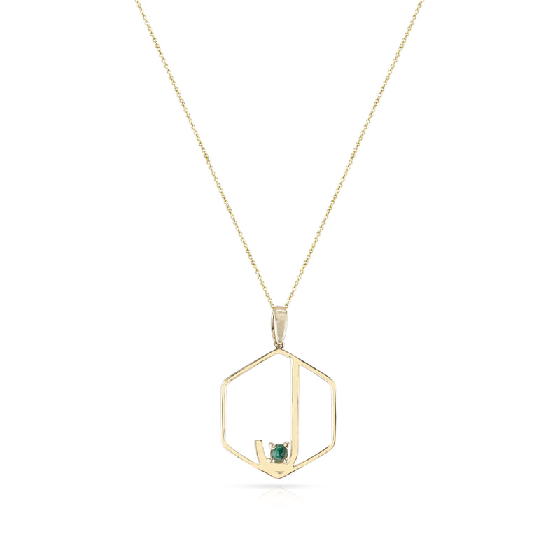 Hexagon "J" Alphabet with Malachite Cabochon Pendant Necklace, 14k