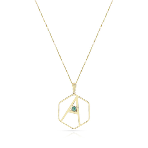 Hexagon "A" Alphabet with Malachite Cabochon Pendant Necklace, 14k