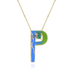 Blue and Green Enamel and Gold Lining "P" Alphabet with Malachite Cabochon Pendant Necklace, 14k