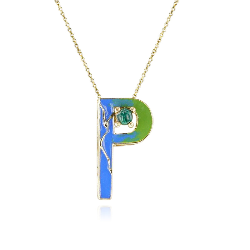 Blue and Green Enamel and Gold Lining "P" Alphabet with Malachite Cabochon Pendant Necklace, 14k