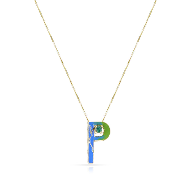 Blue and Green Enamel and Gold Lining "P" Alphabet with Malachite Cabochon Pendant Necklace, 14k