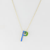 Blue and Green Enamel and Gold Lining "P" Alphabet with Malachite Cabochon Pendant Necklace, 14k
