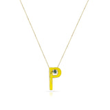 Yellow Enamel and Gold Lining "P" Alphabet with Malachite Cabochon Pendant Necklace, 14K