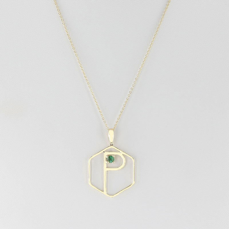 Hexagon "P" Alphabet with Malachite Cabochon Pendant Necklace, 14k