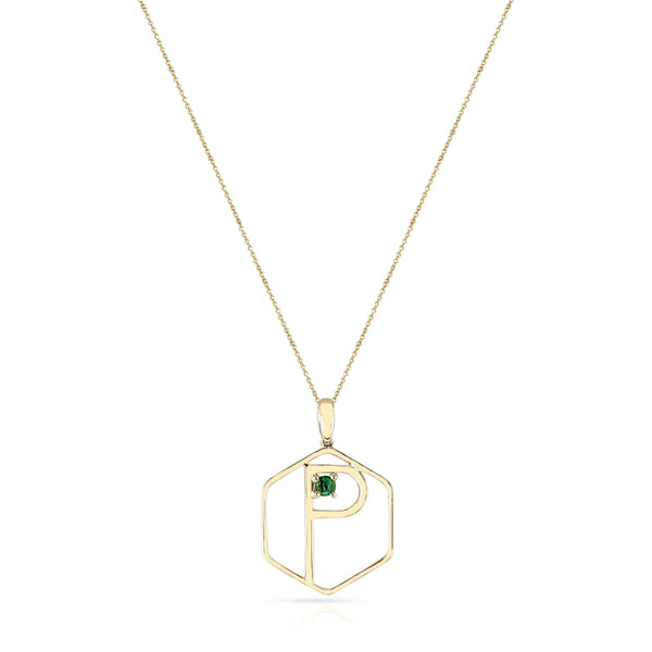 Hexagon "P" Alphabet with Malachite Cabochon Pendant Necklace, 14k