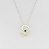 Bold and Textured Gold "S" Alphabet with Malachite Cabochon Pendant Necklace, 14k