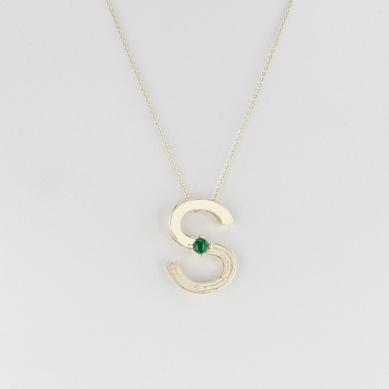 Bold and Textured Gold "S" Alphabet with Malachite Cabochon Pendant Necklace, 14k