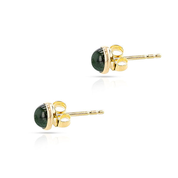 Green Tourmaline Round Cabochon Studs, 14K