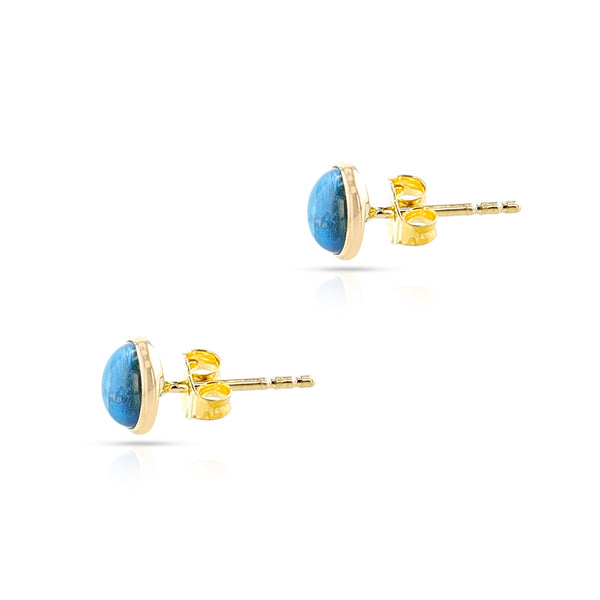 Blue Topaz Round Cabochon Studs, 14K