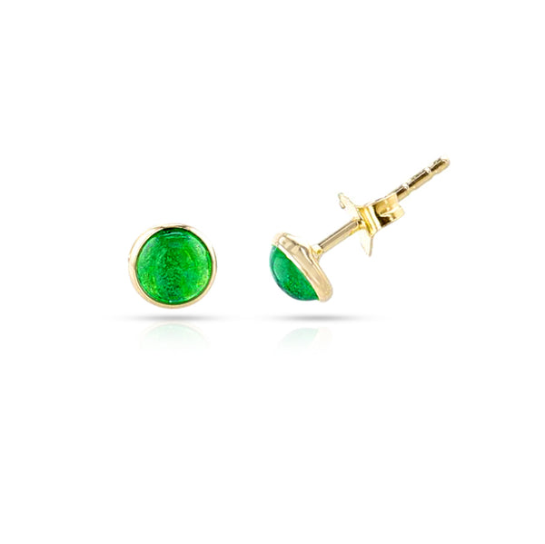 Emerald Round Cabochon Studs, 18K