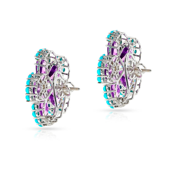 Amethyst, Turquoise Cabochon, and Diamond Floral Earrings, 18k
