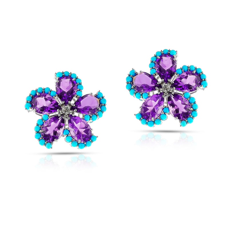 Amethyst, Turquoise Cabochon, and Diamond Floral Earrings, 18k