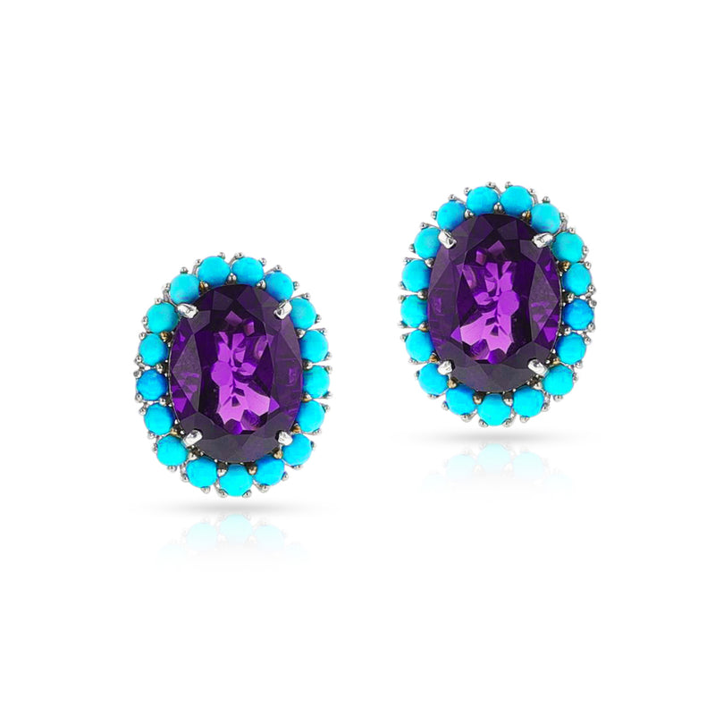 Oval Amethyst Cut and Turquoise Cabochon Earrings, 18k