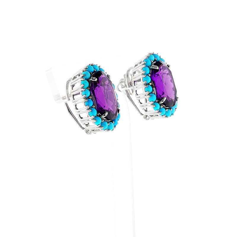 Oval Amethyst Cut and Turquoise Cabochon Earrings, 18k