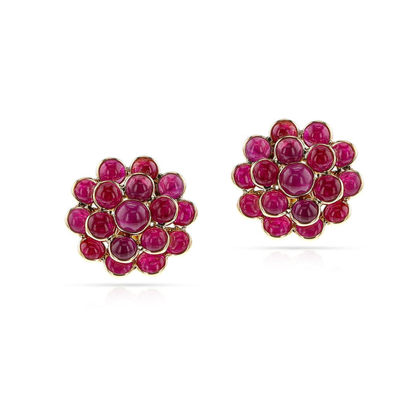 Ruby Cabochon Floral Cocktail Earrings, 18K