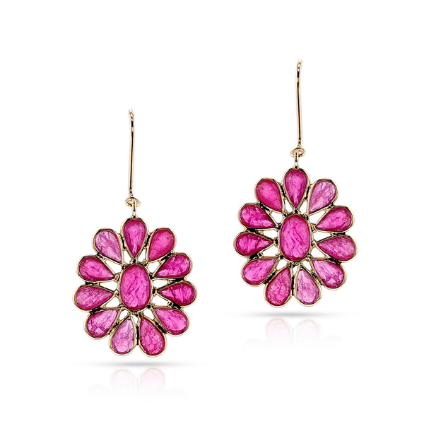 Ruby Floral Dangling Earrings, 18k