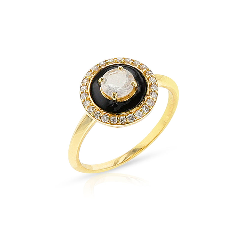 Black Enamel, Moonstone and Diamond Halo Ring, 14k