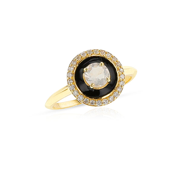 Black Enamel, Moonstone and Diamond Halo Ring, 14k