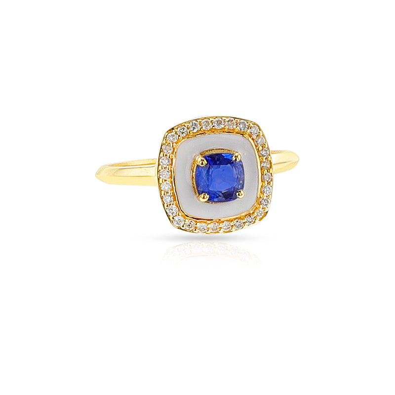 White Enamel, Sapphire and Diamond Halo Ring, 14k