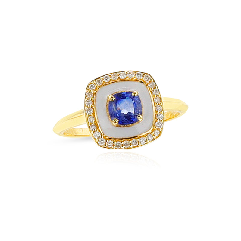 White Enamel, Sapphire and Diamond Halo Ring, 14k