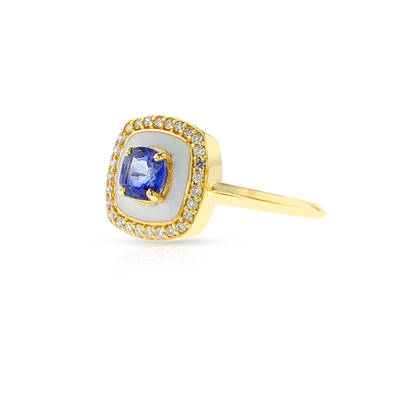 White Enamel, Sapphire and Diamond Halo Ring, 14k