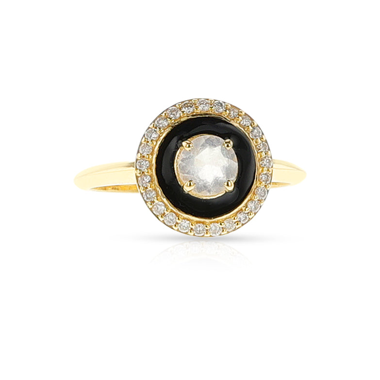 Black Enamel, Moonstone and Diamond Halo Ring, 14k
