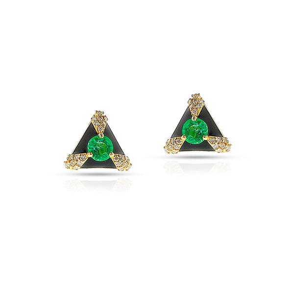 Black Enamel, Diamond and Emerald Triangle Earrings, 14k