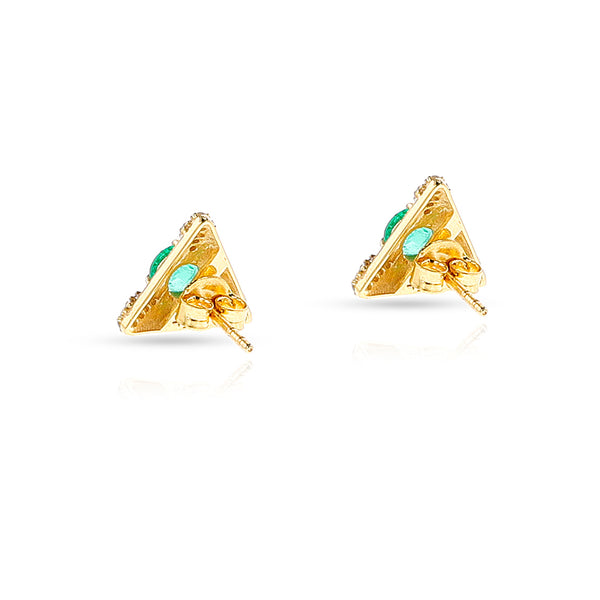 Black Enamel, Diamond and Emerald Triangle Earrings, 14k