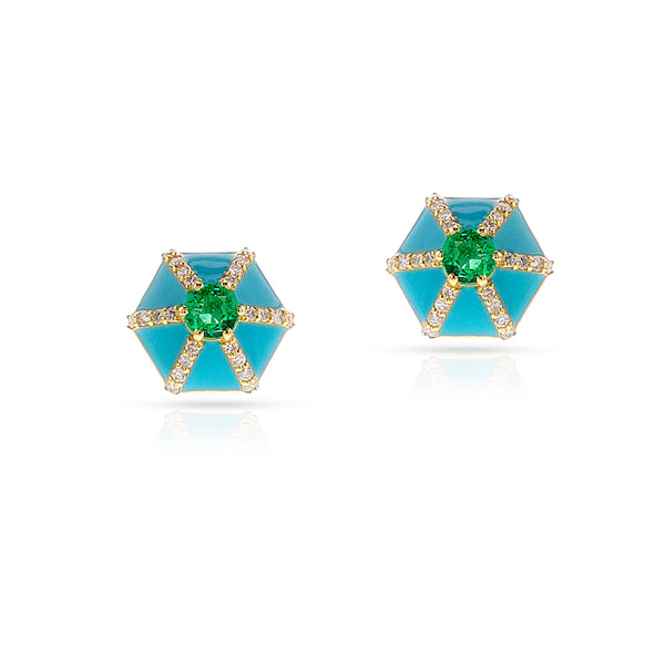 Blue Enamel, Diamond and Emerald Hexagon Earrings, 14k