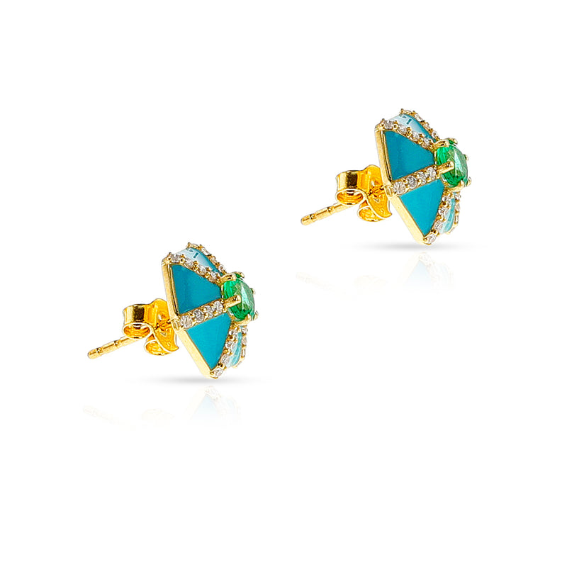 Blue Enamel, Diamond and Emerald Hexagon Earrings, 14k
