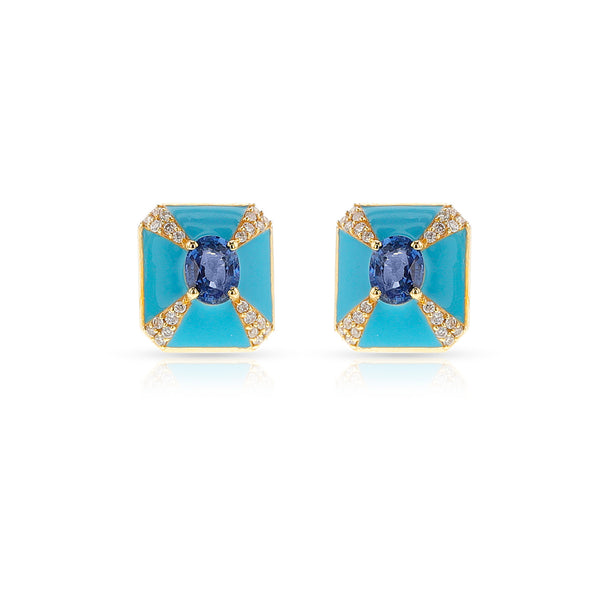 Blue Enamel, Blue Sapphire and Diamond Rectangular Earrings, 18k