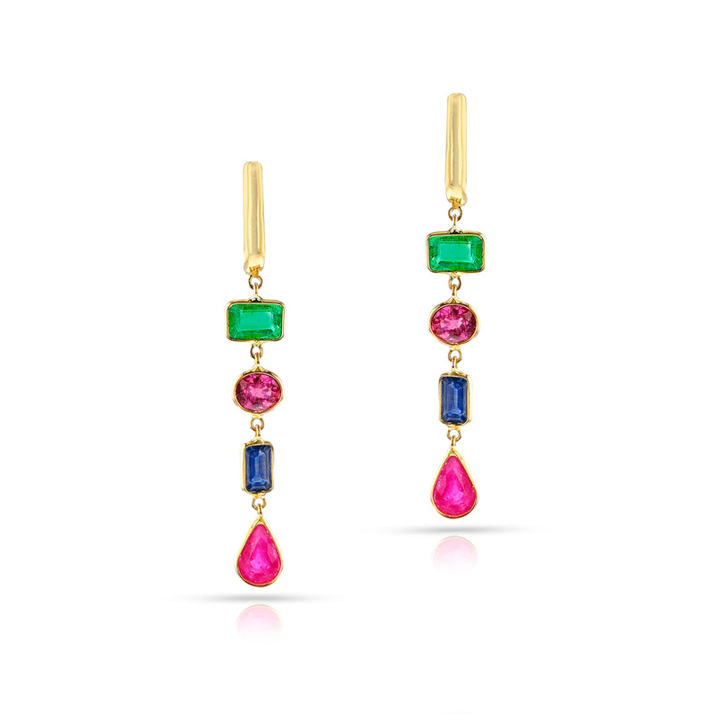 Emerald, Ruby, Sapphire Dangling Earrings, 14k