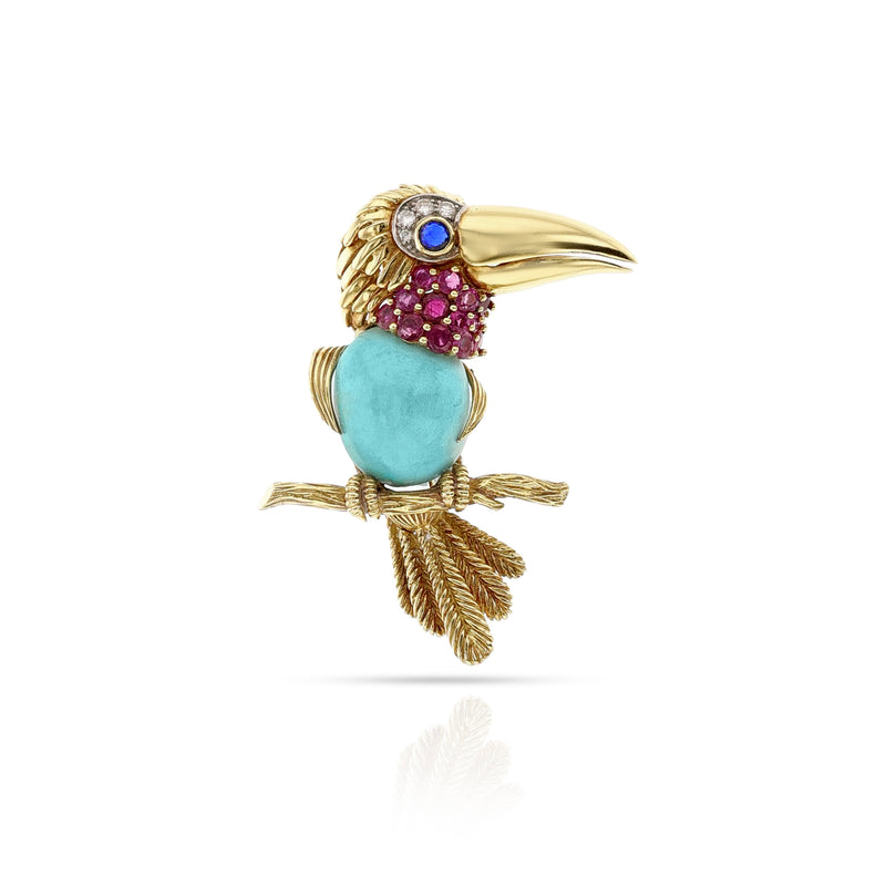 Cartier Gold, Platinum, Turquoise, Ruby, Sapphire and Diamond Toucan Brooch