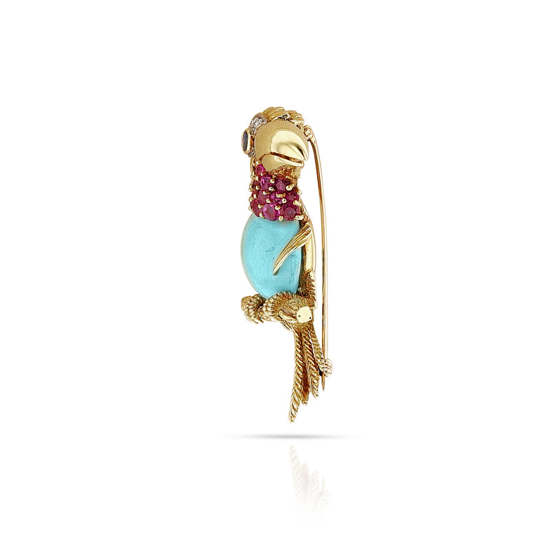 Cartier Gold, Platinum, Turquoise, Ruby, Sapphire and Diamond Toucan Brooch