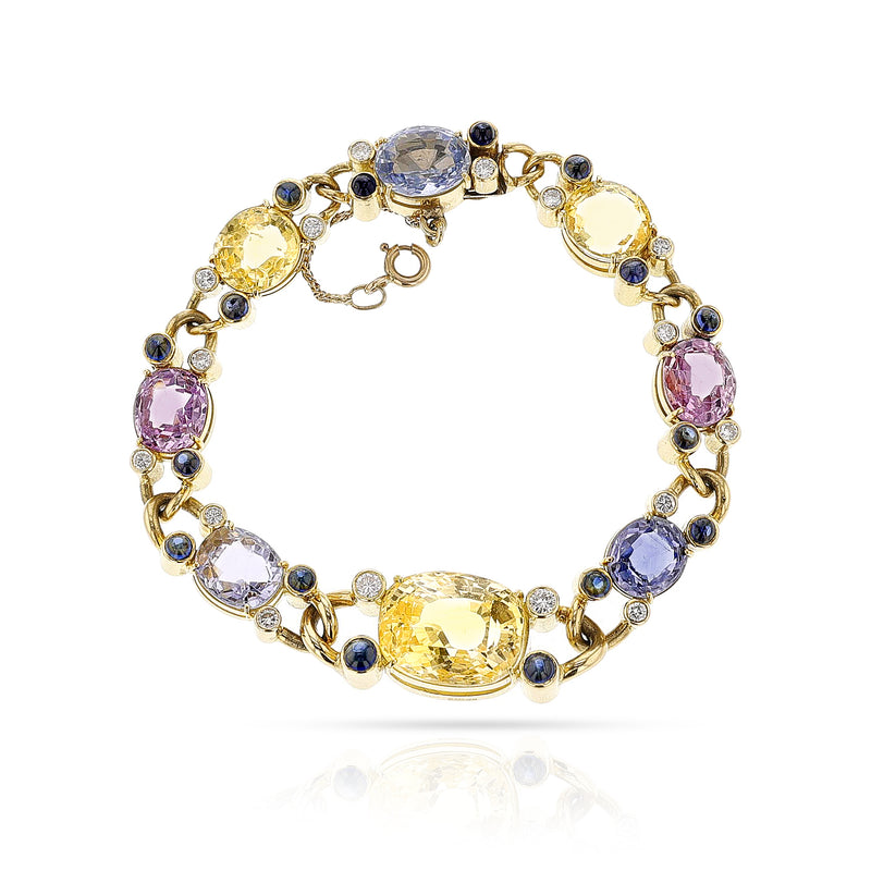 Multi-Color Sapphire Cut Stones and Cabochon with Diamond Bracelet by Deaken & Francis London, 18k